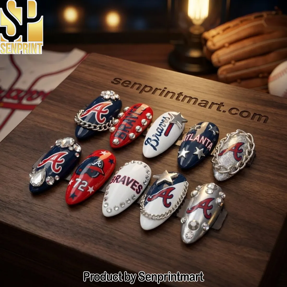 Atlanta Braves Luxury 3D Rhinestone Handmade Reusable Press On Nails