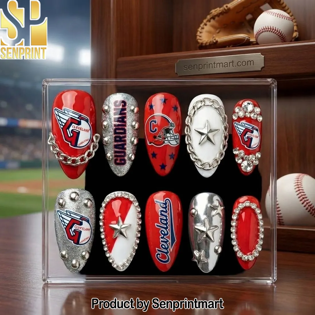 Cleveland Guardians MLB Baseball Luxury 3D Rhinestone Reusable Press On Nails