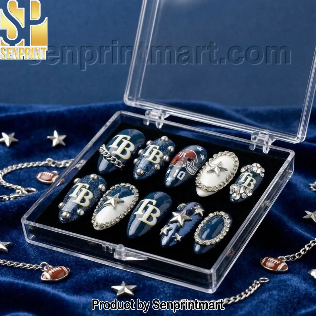 Tampa Bay Football Game Day Blue and Silver 3D Handmade Press On Nails