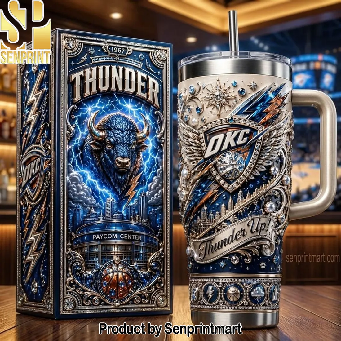 OKC Thunder Basketball Luxury 3D Jewel Design Thunder Up 40oz Tumbler With Handle