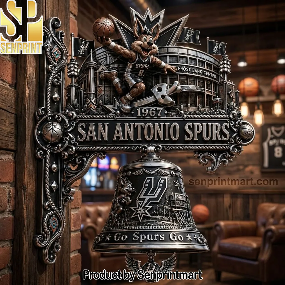 San Antonio Spurs 1967 Vintage Mascot 3D Metal Man Cave Wall Bell