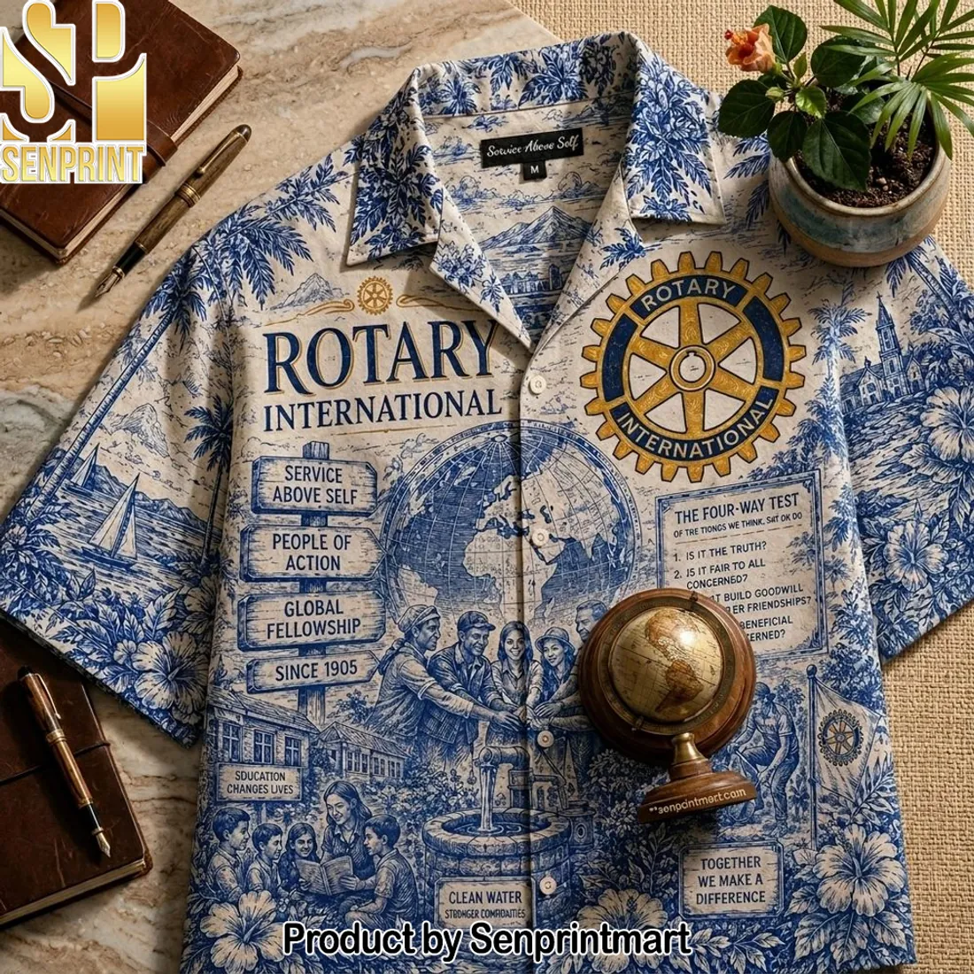 Rotary International Service Above Self Vintage Blue Toile Hawaiian Shirt