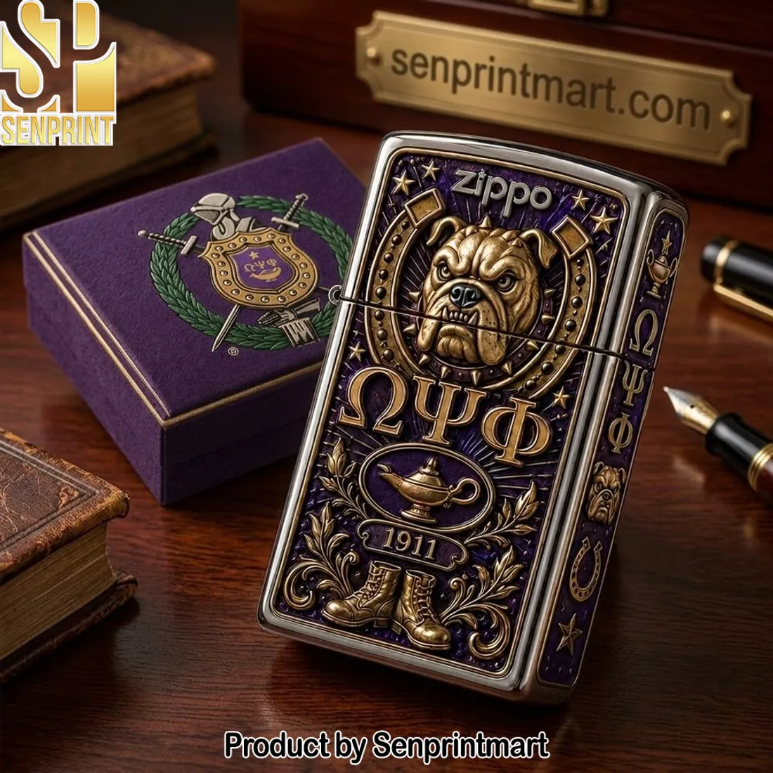 Omega Psi Phi 1911 Bulldog Premium 3D Embossed Purple and Gold Zippo Lighter
