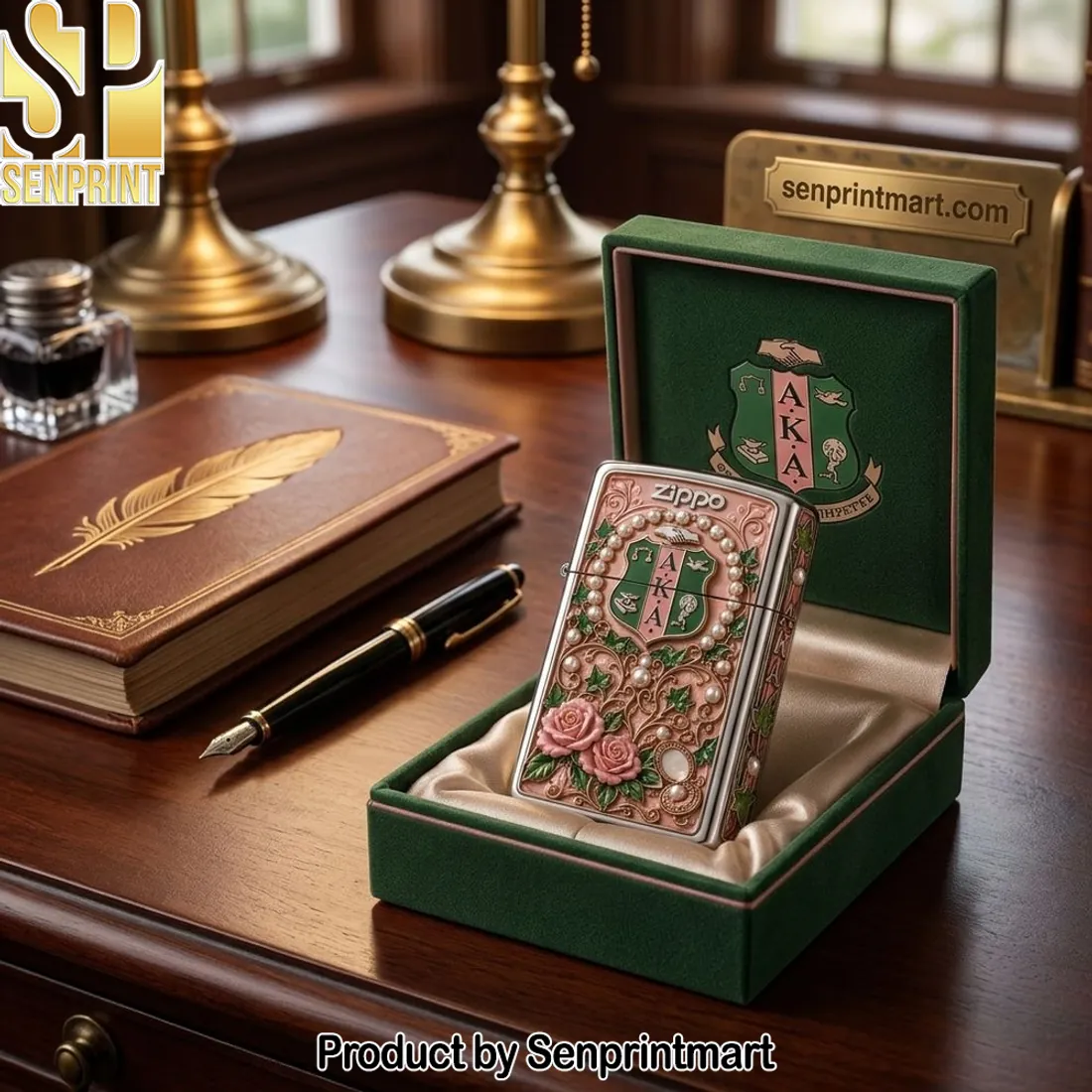 Alpha Kappa Alpha Sorority Luxury 3D Pink Rose and Pearl Zippo Lighter