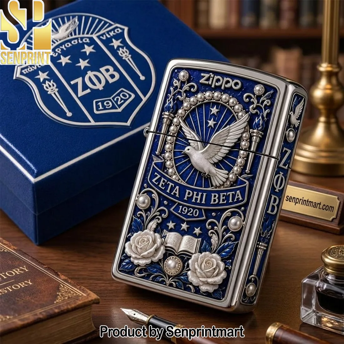 Zeta Phi Beta 1920 Commemorative 3D Embossed Blue and Silver Zippo Lighter