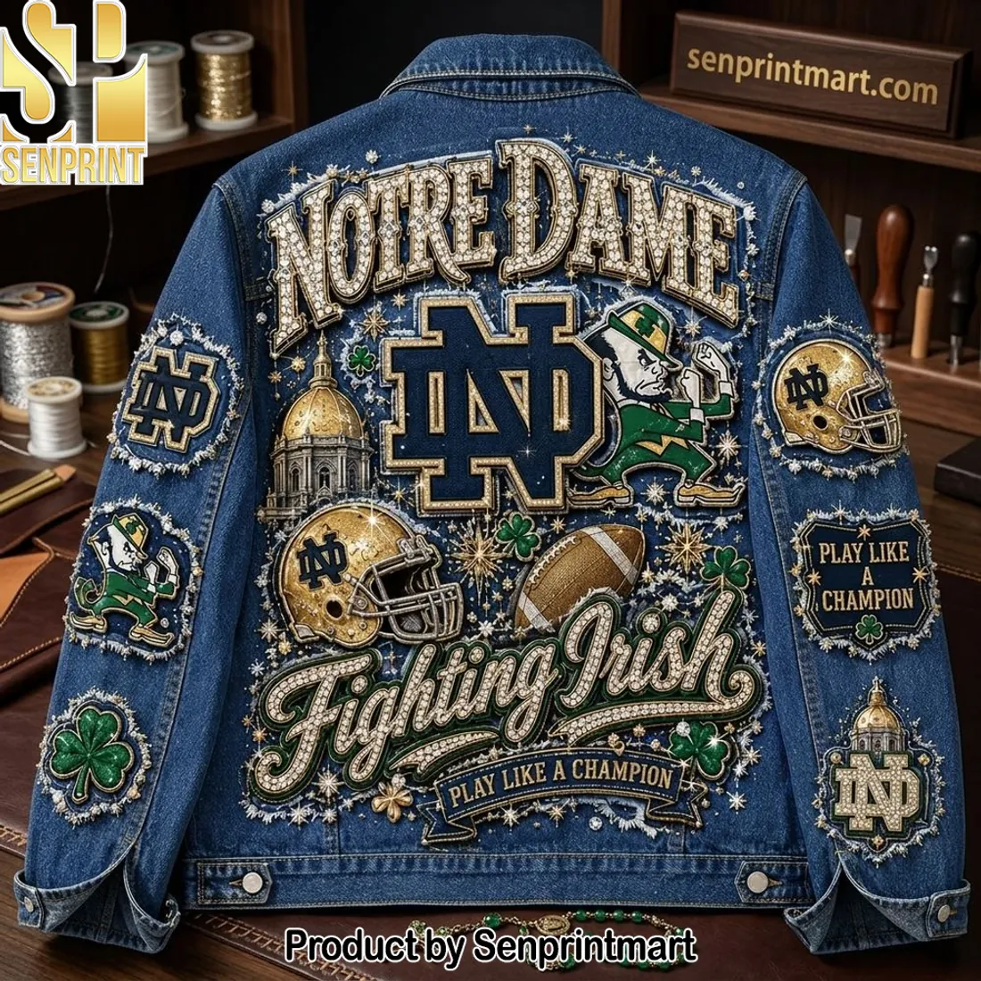 Notre Dame Fighting Irish Play Like A Champion Embellished Rhinestone Denim Jacket