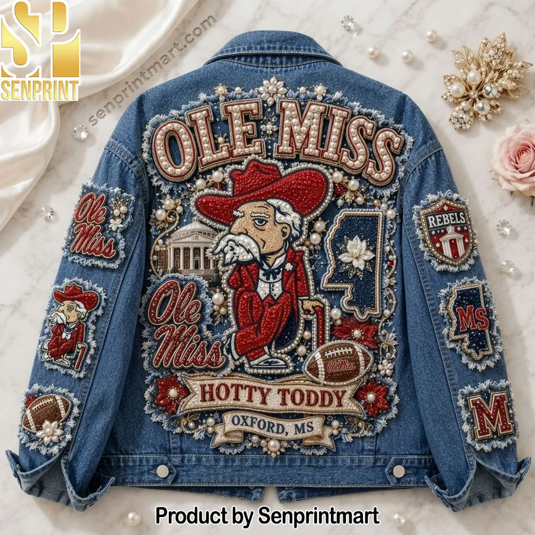 Ole Miss Rebels Hotty Toddy Beaded Pearl Gameday Denim Jacket