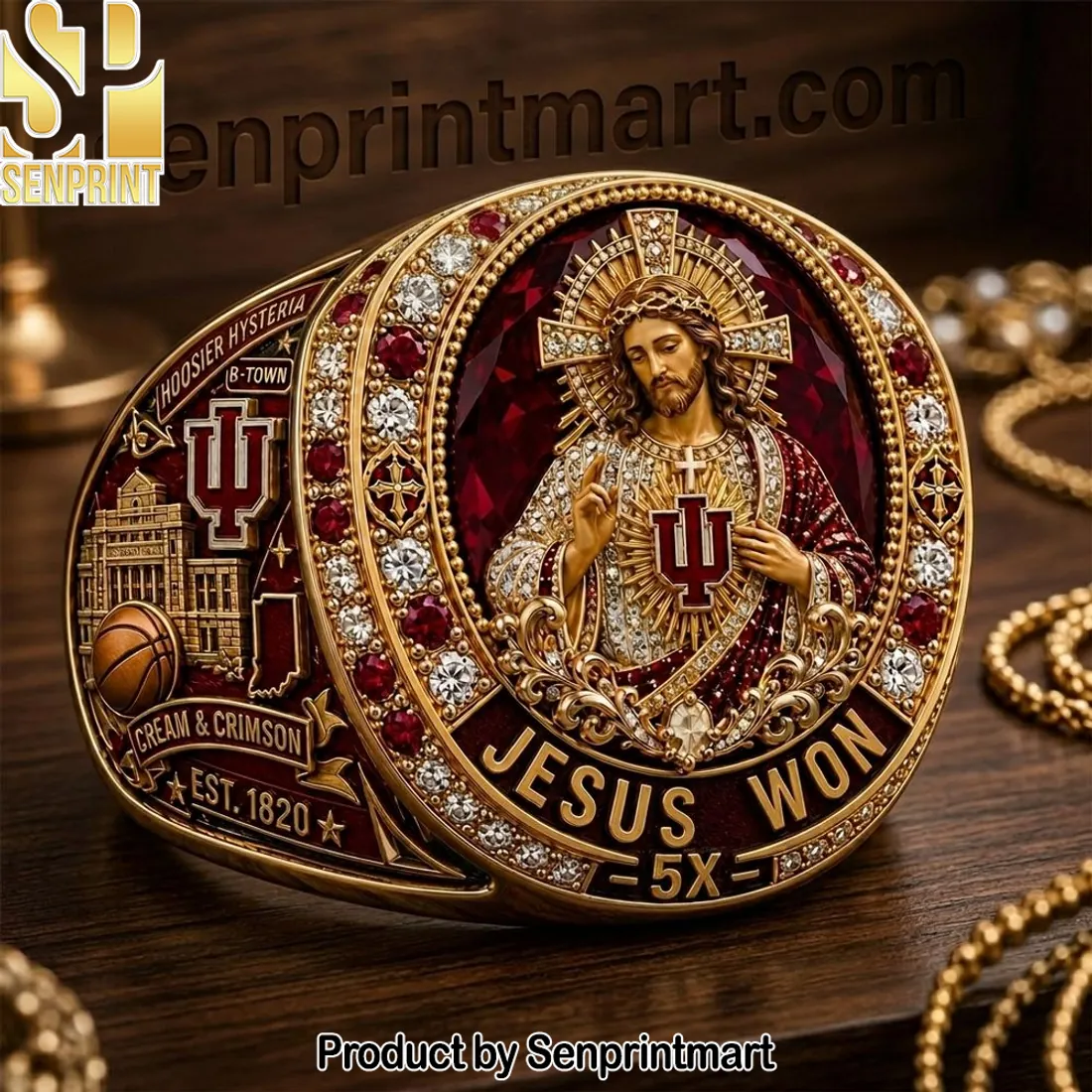 Indiana Hoosiers Jesus Won 5X National Champions Commemorative Gold Ring