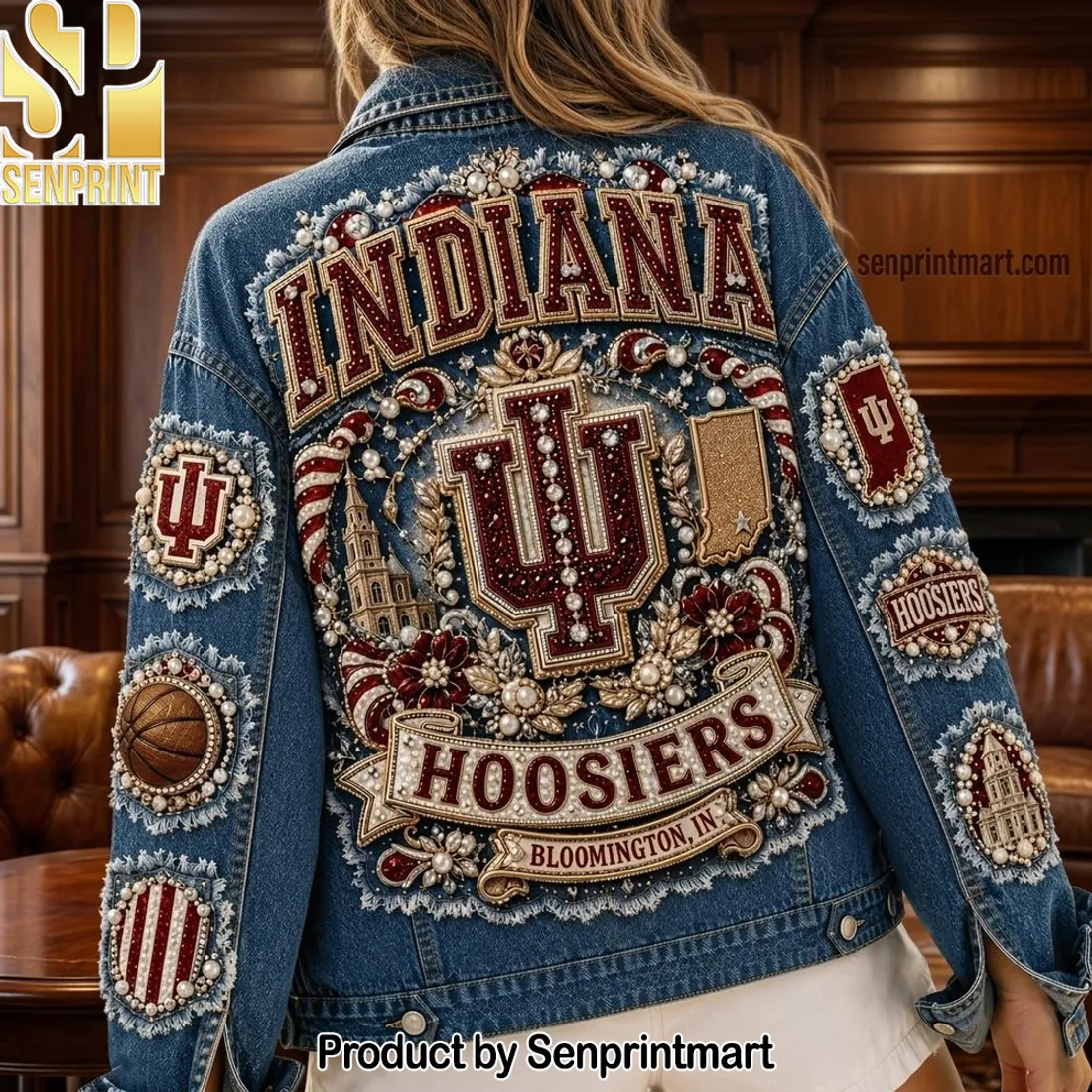 Indiana Hoosiers Custom Pearl Embellished Beaded Denim Jacket