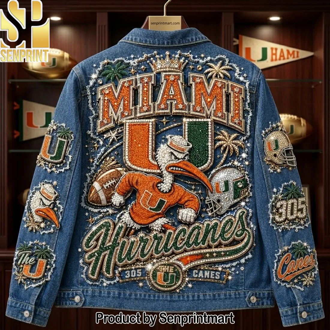 Miami Hurricanes Rhinestone Embellished Gameday Denim Jacket