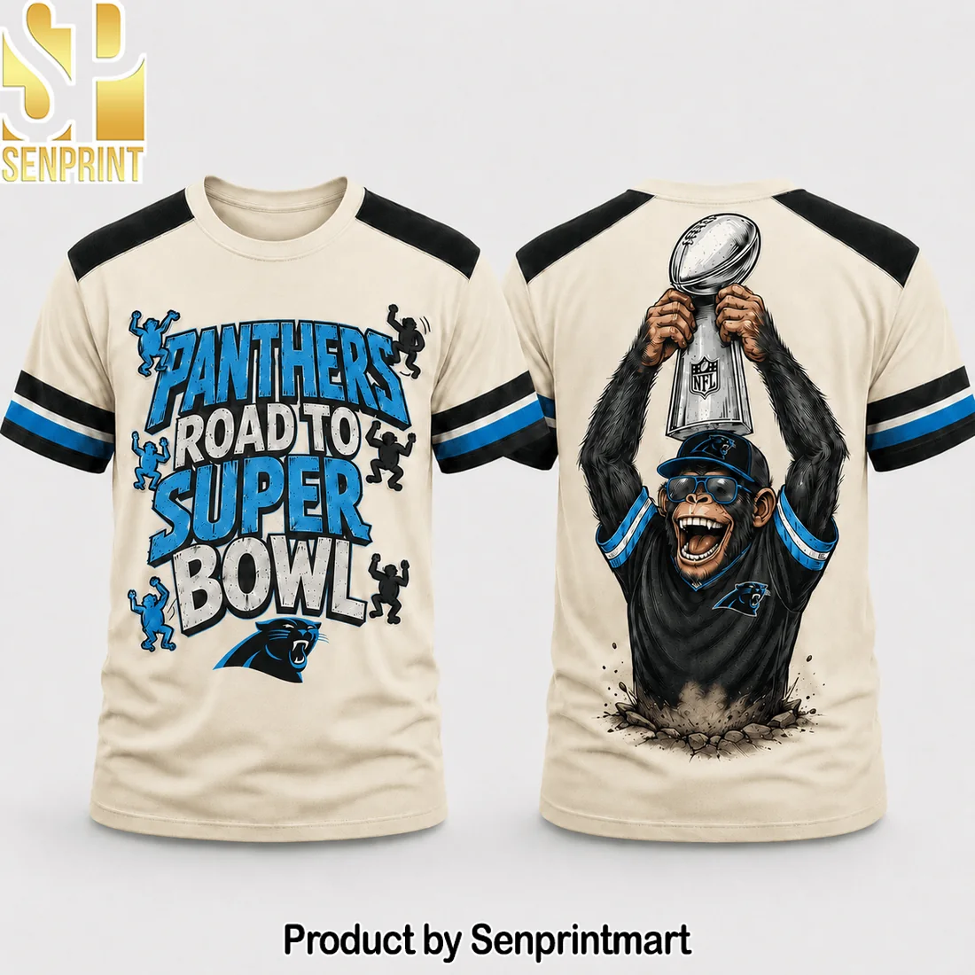 Carolina Panthers Road To Super Bowl Funny Monkey Graphic Vintage Cream Football Fan T-Shirt Carolina Panthers Road To Super Bowl Funny Monkey Graphic Vintage Cream Football Fan T-Shirt