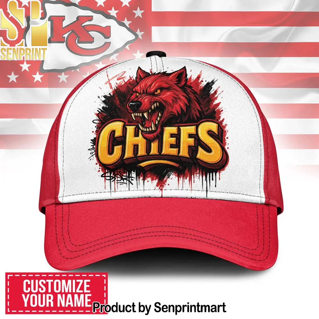 Kansas City Chiefs Custom Name KC Wolf Graffiti Red White Adjustable Baseball Cap Kansas City Chiefs Custom Name KC Wolf Graffiti Red White Adjustable Baseball Cap