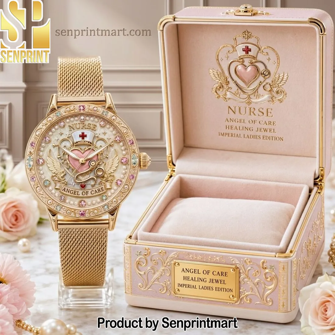 Nurse Angel of Care Healing Jewel Imperial Ladies Edition Luxury Gold Mesh Strap Watch