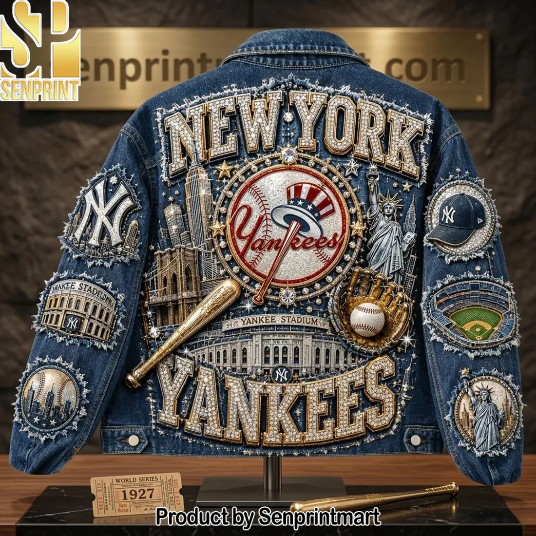New York Yankees Luxury Rhinestone Embellished Denim Jacket