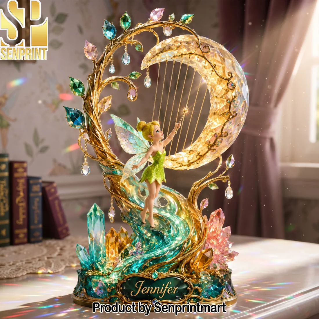 Personalized Enchanted Pixie Fairy Crystal Crescent Moon Harp Custom Name Tabletop Acrylic Plaque