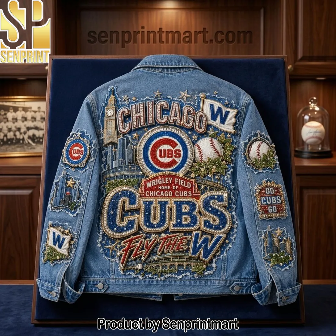 Chicago Cubs Wrigley Field Embellished Fly The W Denim Jacket