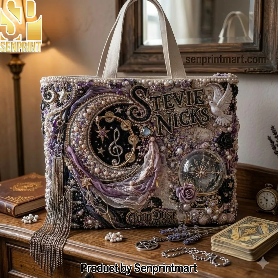 Stevie Nicks Gold Dust Woman Pearl Embellished Tote Bag