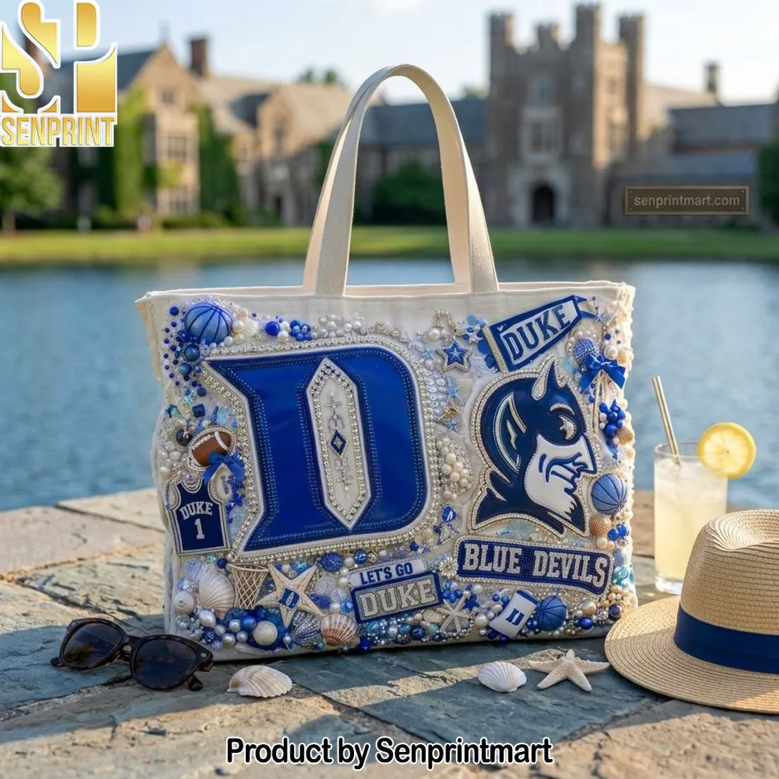 Duke Blue Devils Embellished Pearl Rhinestone Fan Tote Bag