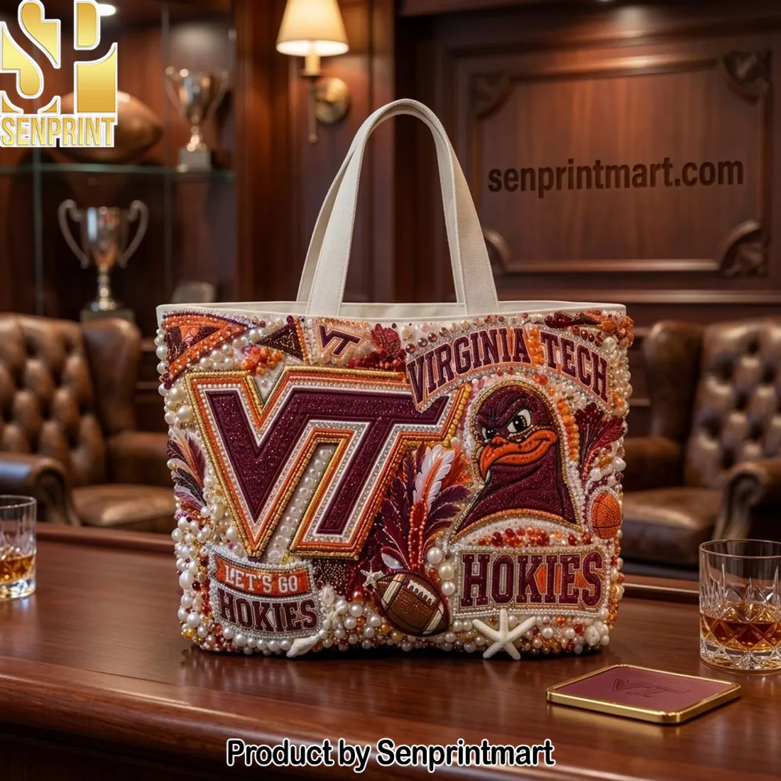 Virginia Tech Hokies Beaded Embroidered College Tote Bag
