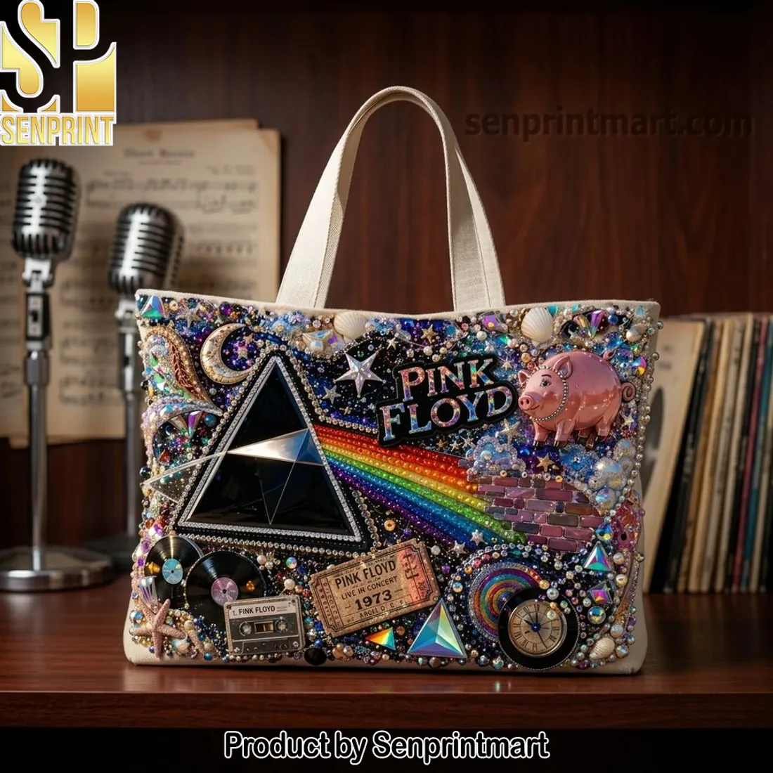 Pink Floyd Dark Side of the Moon Embellished Tote Bag