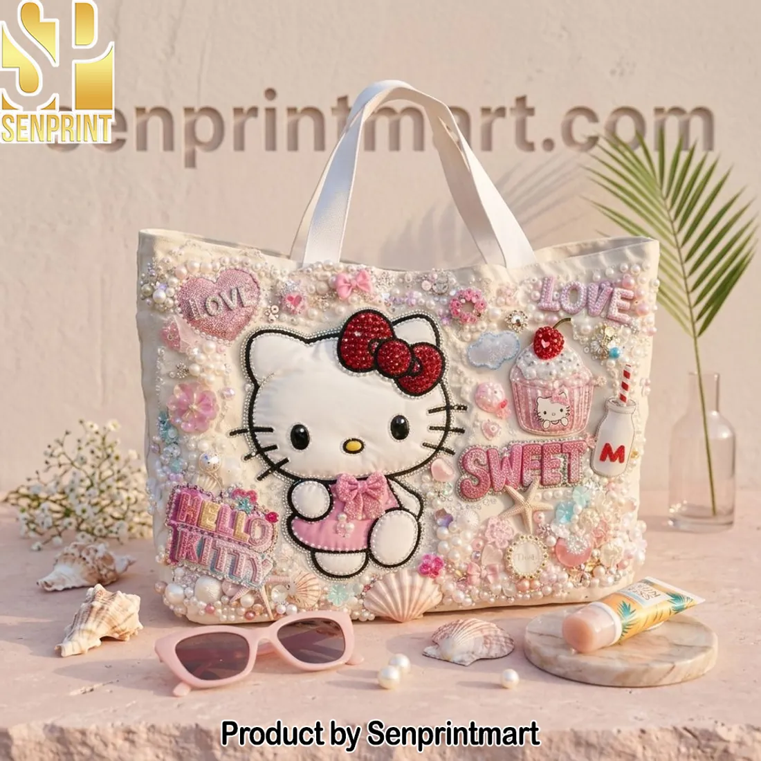 Hello Kitty Embellished Pearl Sweet Love Tote Bag