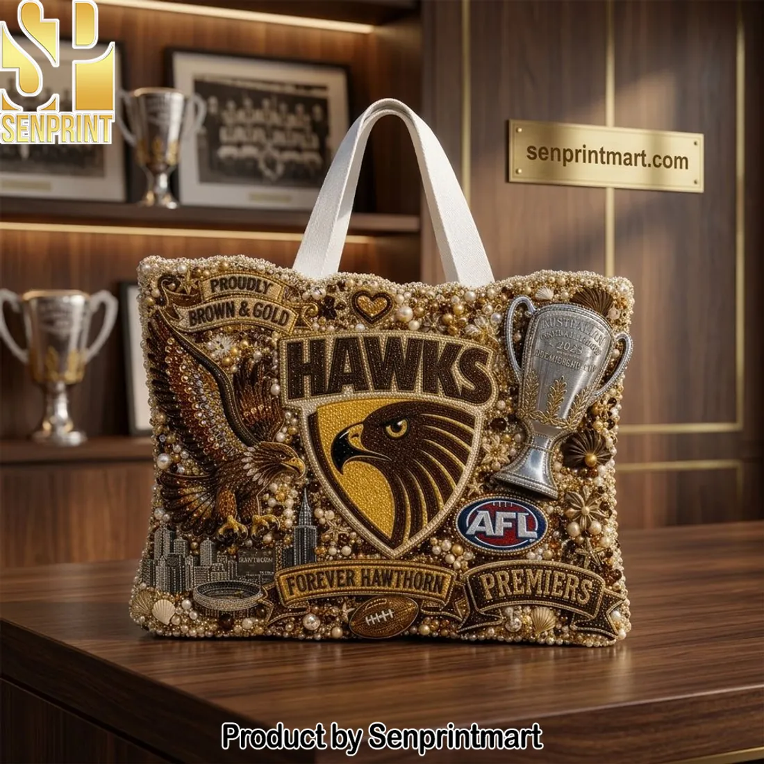 Hawthorn Hawks AFL 2023 Premiers Embellished Brown & Gold Tote Bag
