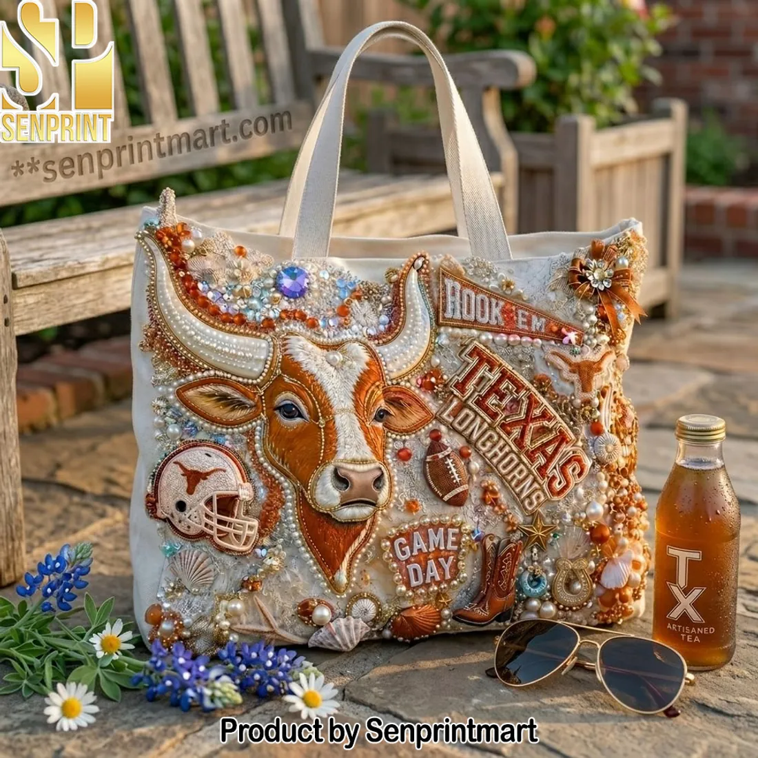 Texas Longhorns Game Day Embroidered Beaded Tote Bag