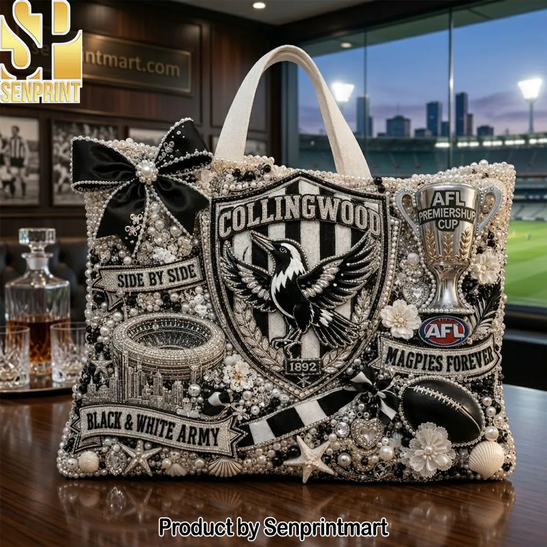 Collingwood AFL Magpies Luxury Beaded Tote Bag