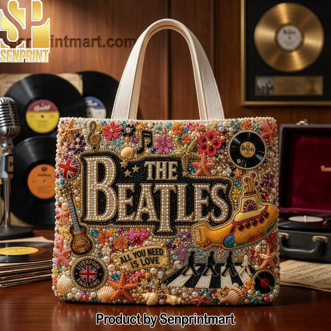 The Beatles All You Need Is Love Beaded Embellished Tote Bag