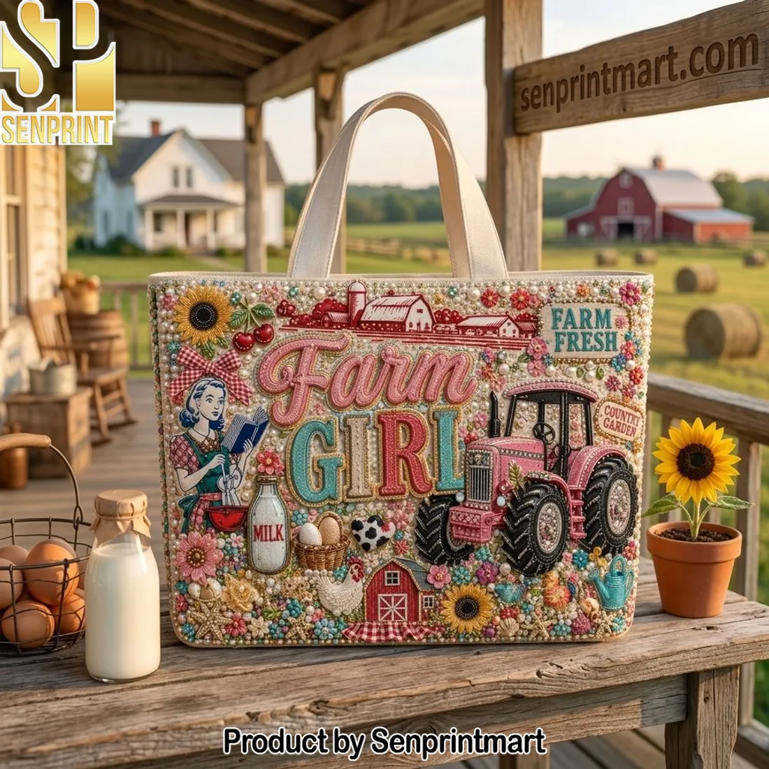 Farm Girl Beaded Country Style Tote Bag