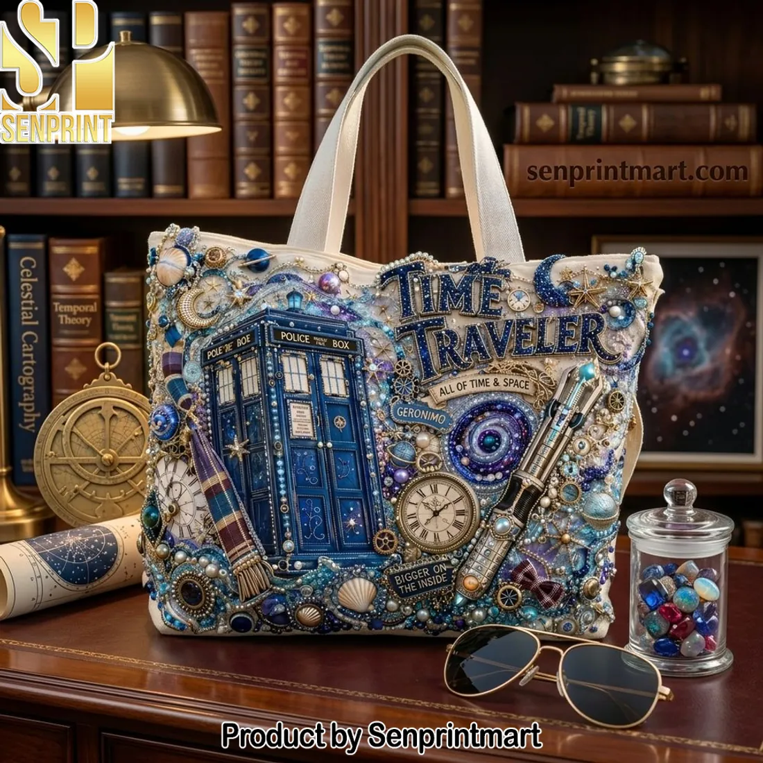 Time Traveler Police Box Embellished Sci-Fi Tote Bag