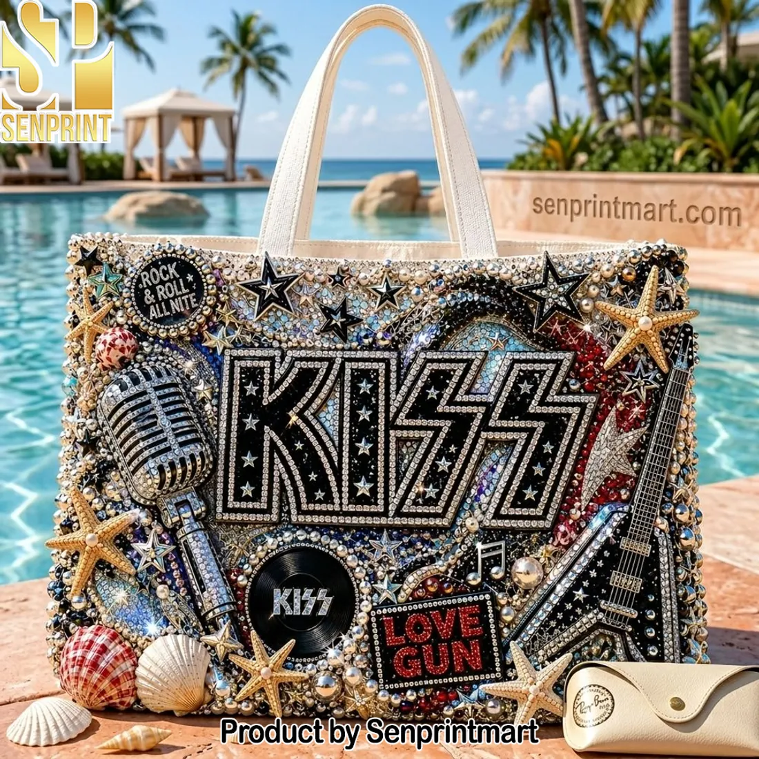 KISS Rock & Roll All Nite Rhinestone Embellished Tote Bag
