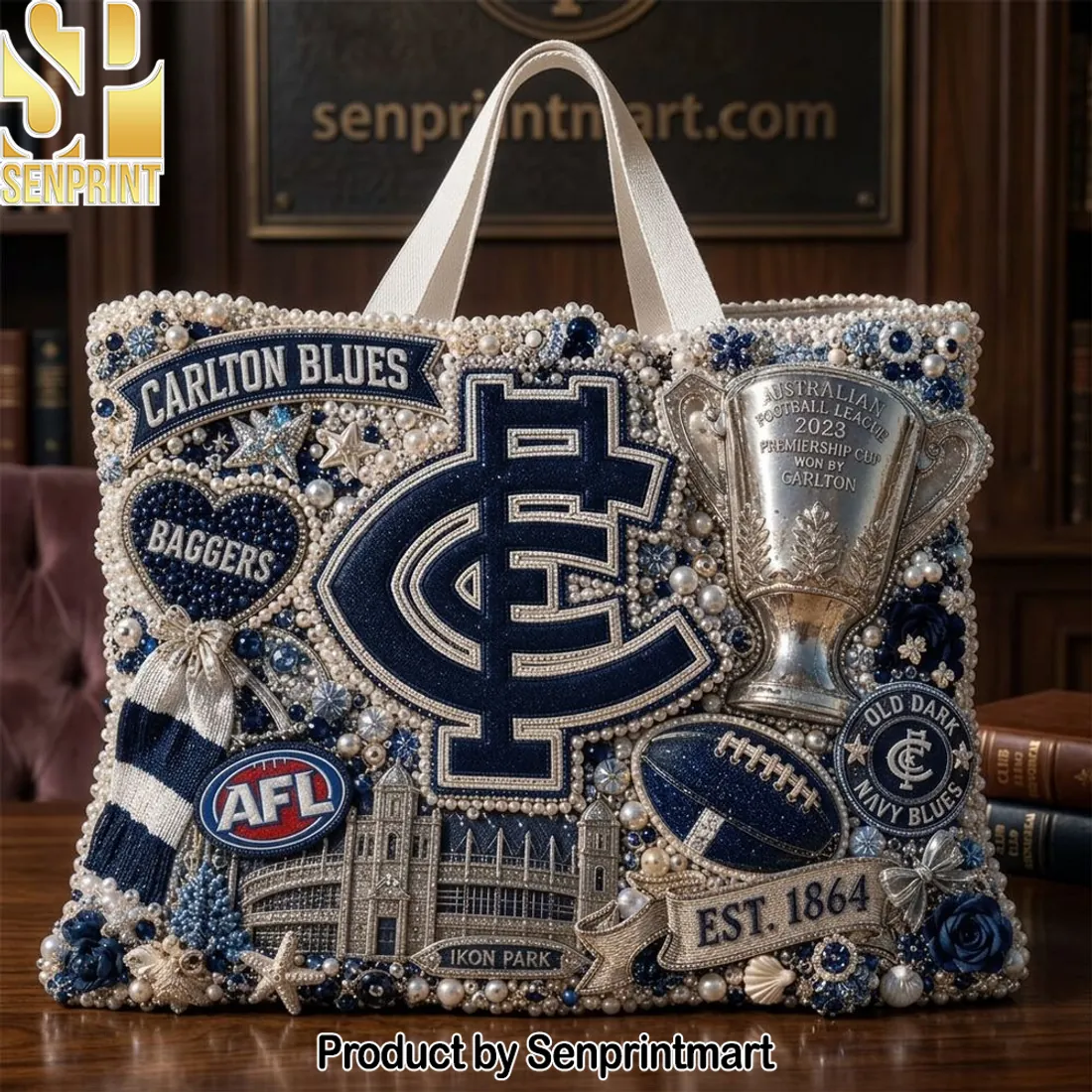 Carlton Blues AFL 2023 Premiership Cup Embellished Pearl Tote Bag