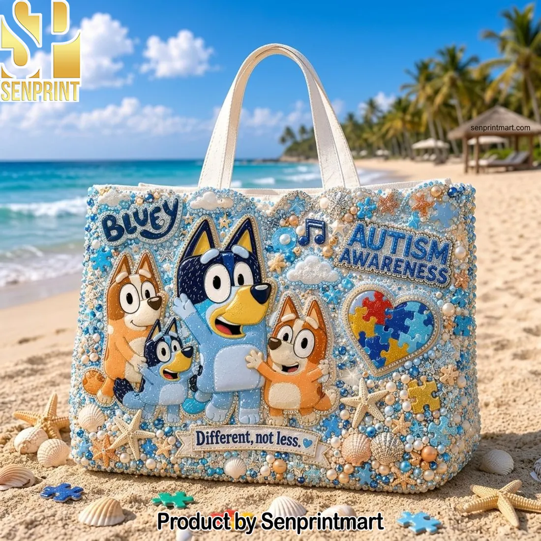 Bluey Autism Awareness Beaded Puzzle Heart Tote Bag