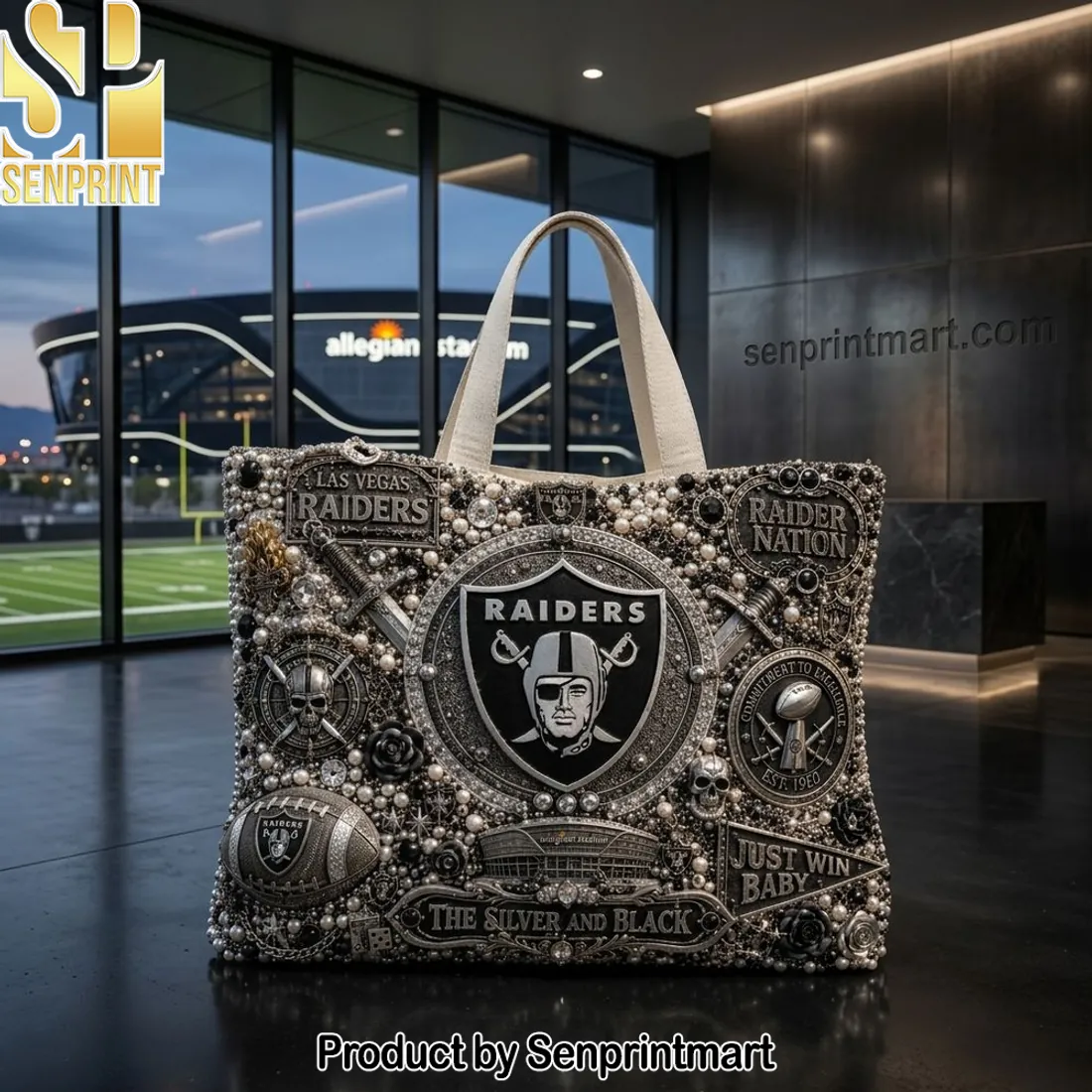 Las Vegas Raiders Embellished Pearl Fan Tote Bag