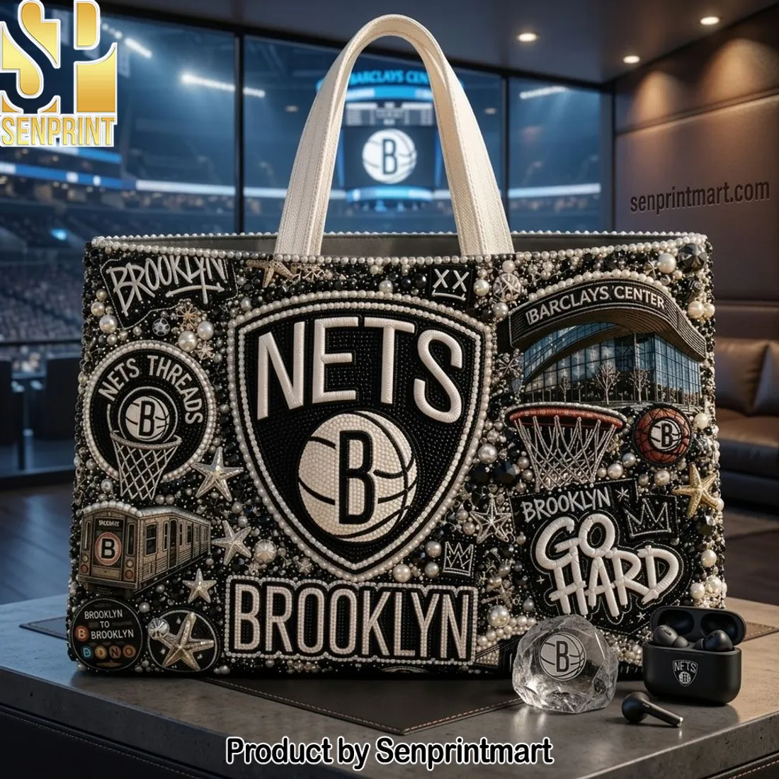 Brooklyn Nets Embellished Pearl Design Barclays Center Tote Bag