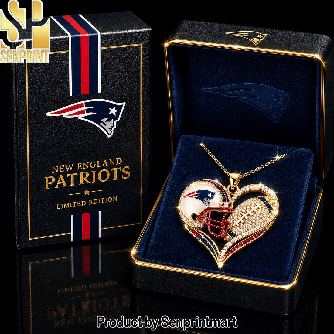 New England Patriots Limited Edition Diamond-Accented Gold-Tone Heart Football Helmet Pendant Necklace New England Patriots Limited Edition Diamond-Accented Gold-Tone Heart Football Helmet Pendant Necklace