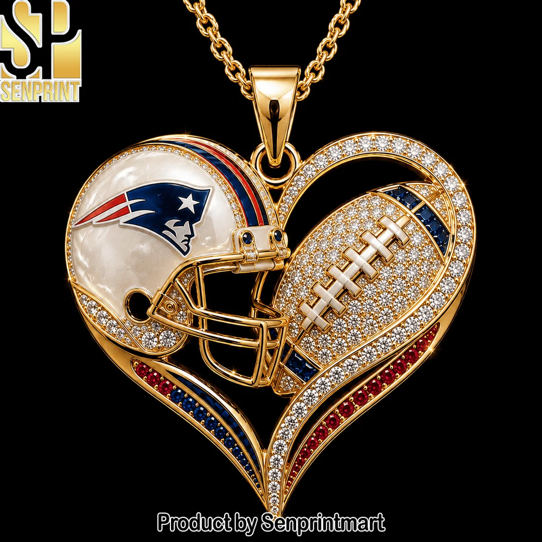 New England Patriots Limited Edition Diamond-Accented Gold-Tone Heart Football Helmet Pendant Necklace New England Patriots Limited Edition Diamond-Accented Gold-Tone Heart Football Helmet Pendant Necklace