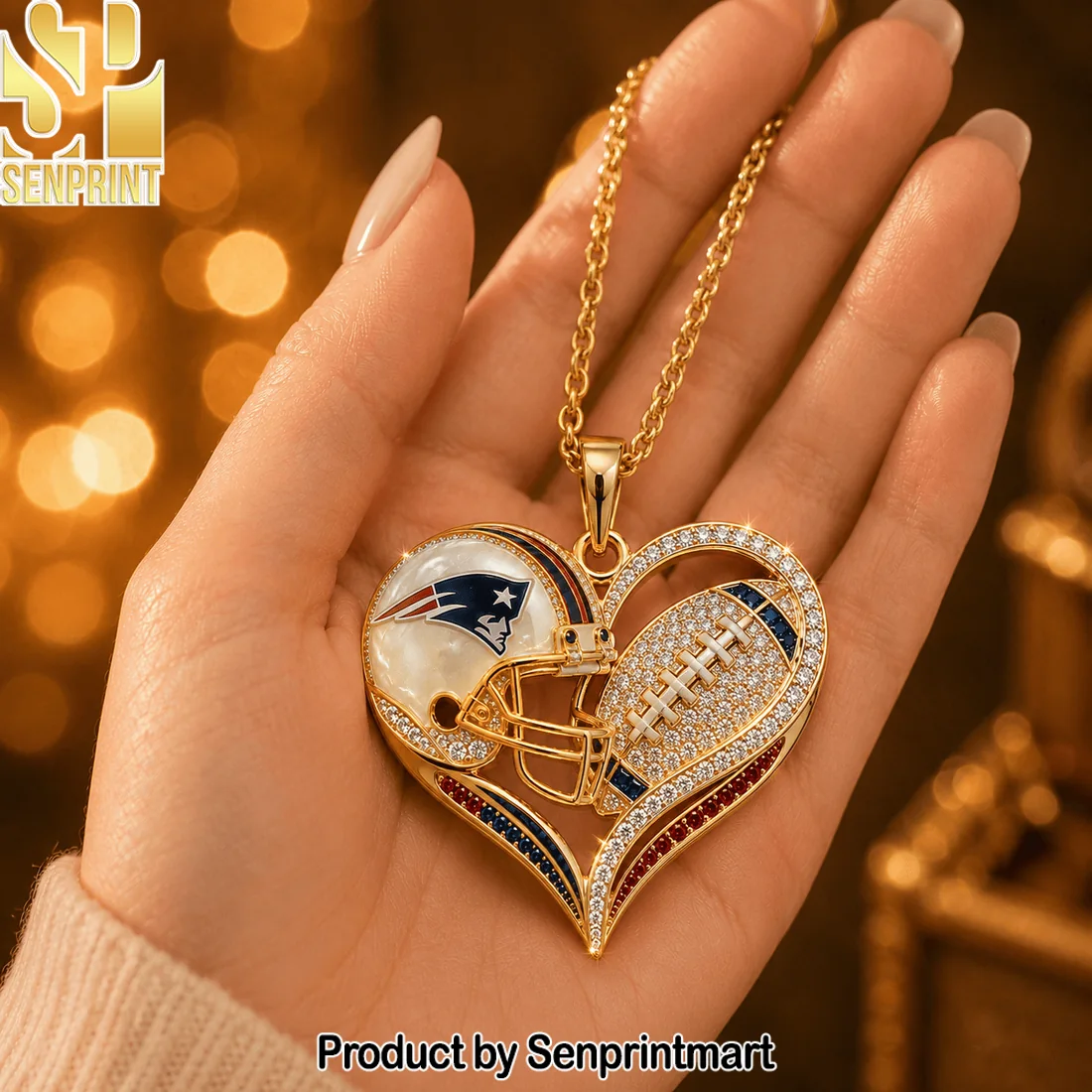 New England Patriots Limited Edition Diamond-Accented Gold-Tone Heart Football Helmet Pendant Necklace New England Patriots Limited Edition Diamond-Accented Gold-Tone Heart Football Helmet Pendant Necklace