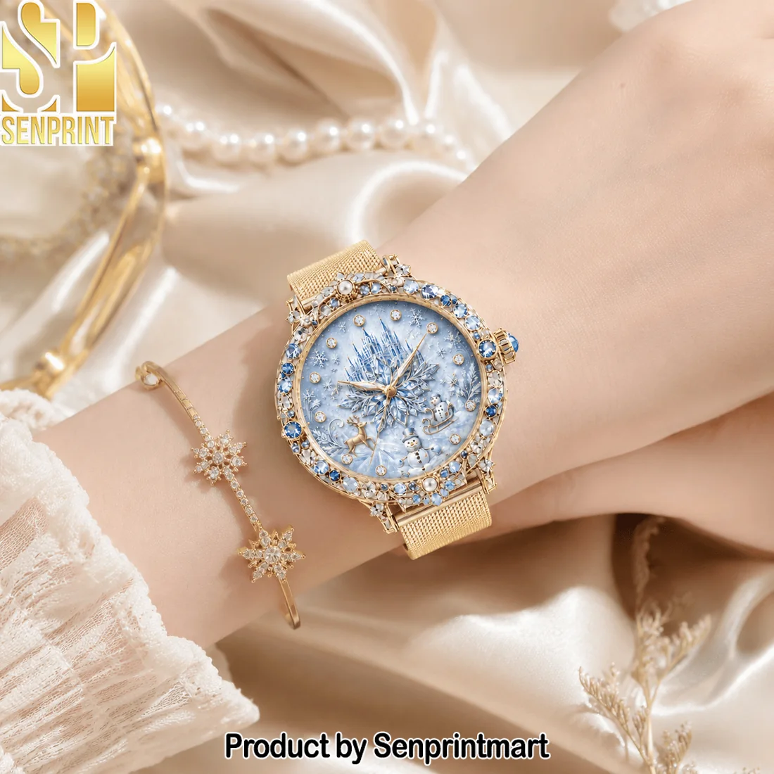 Frozen Ice Palace Snowflake Crystal Heirloom Edition Luxury Gold Mesh Stainless Steel Watch Frozen Ice Palace Snowflake Crystal Heirloom Edition Luxury Gold Mesh Stainless Steel Watch