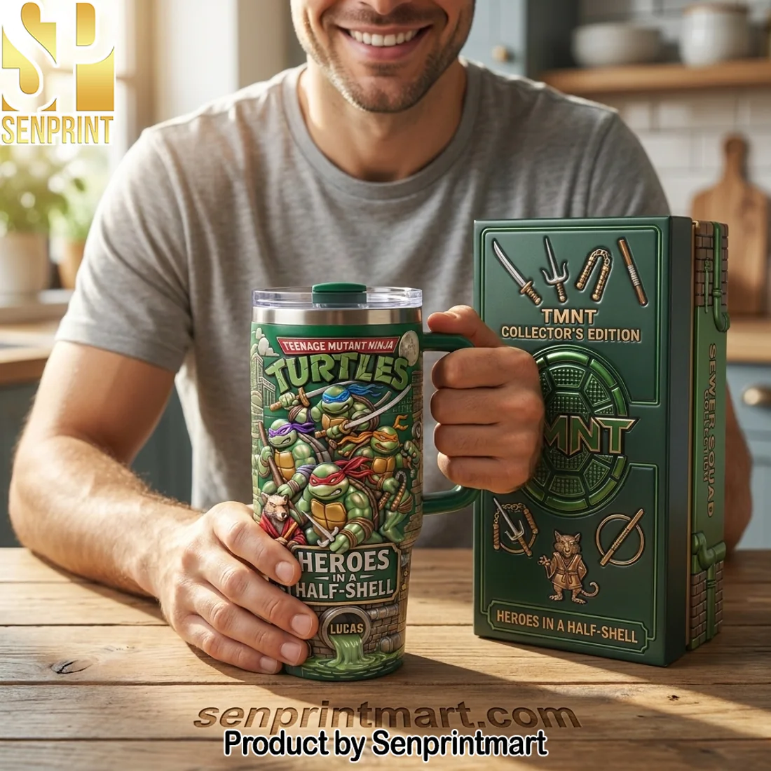 TMNT Teenage Mutant Ninja Turtles Sewer Squad Personalized Custom Name 3D Embossed Look Insulated Travel Tumbler with Handle