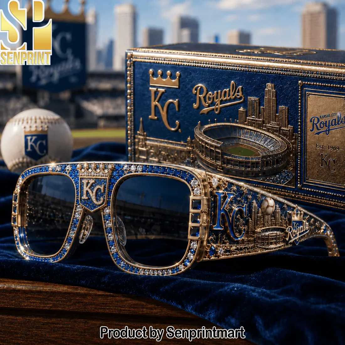 Kansas City Royals Premium Gold and Blue Crystal Bling Oversized Unisex Sunglasses Kansas City Royals Premium Gold and Blue Crystal Bling Oversized Unisex Sunglasses