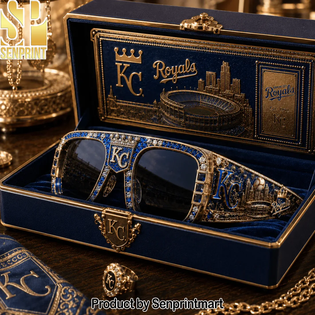 Kansas City Royals Premium Gold and Blue Crystal Bling Oversized Unisex Sunglasses Kansas City Royals Premium Gold and Blue Crystal Bling Oversized Unisex Sunglasses