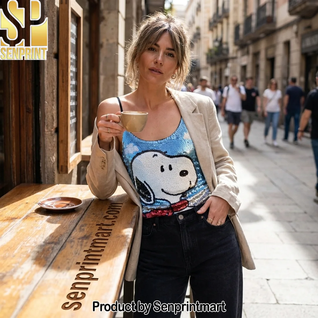 Premium Snoopy Cartoon Character Sparkly Sequin Spaghetti Strap Cami Top
