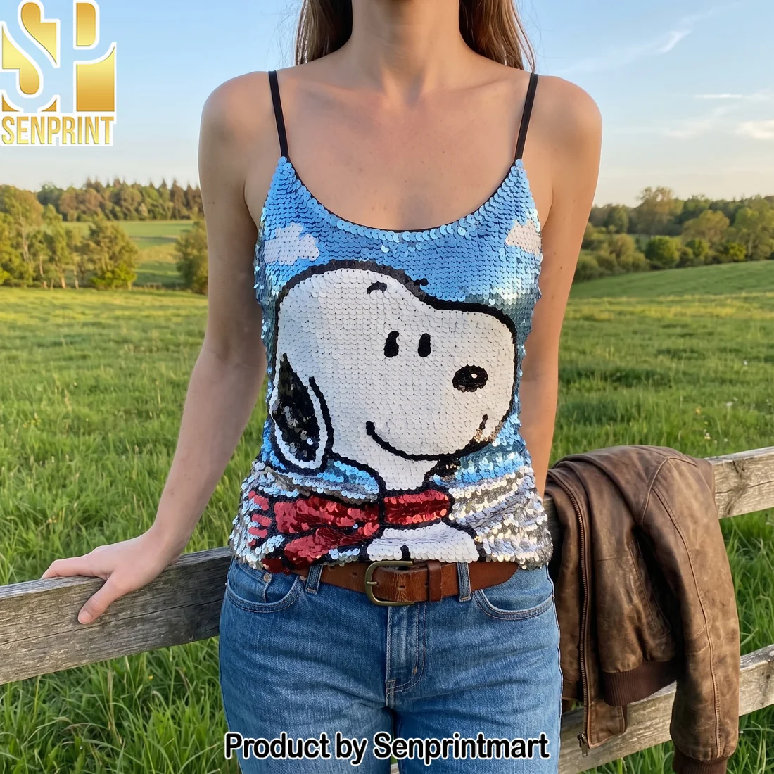 Premium Snoopy Cartoon Character Sparkly Sequin Spaghetti Strap Cami Top Premium Snoopy Cartoon Character Sparkly Sequin Spaghetti Strap Cami Top