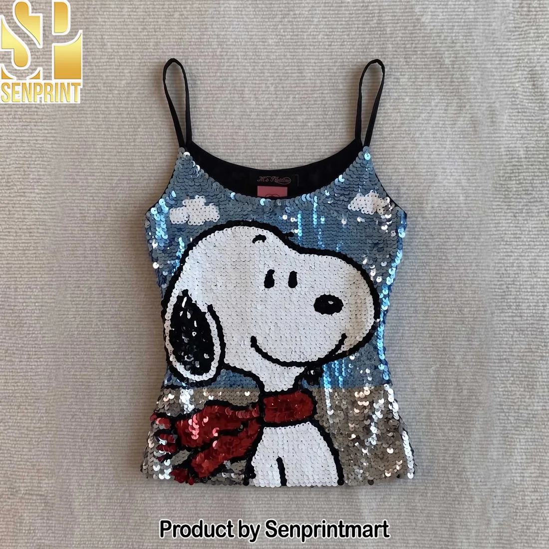Premium Snoopy Cartoon Character Sparkly Sequin Spaghetti Strap Cami Top Premium Snoopy Cartoon Character Sparkly Sequin Spaghetti Strap Cami Top