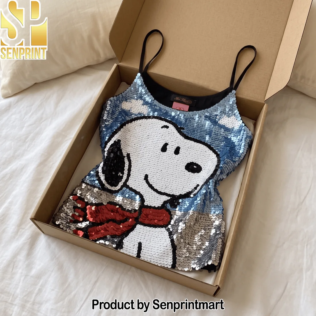 Premium Snoopy Cartoon Character Sparkly Sequin Spaghetti Strap Cami Top Premium Snoopy Cartoon Character Sparkly Sequin Spaghetti Strap Cami Top