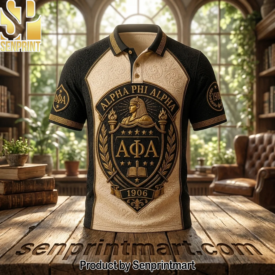 Alpha Phi Alpha 1906 Fraternity Premium 3D Embossed Luxury Gold and Black Polo Shirt