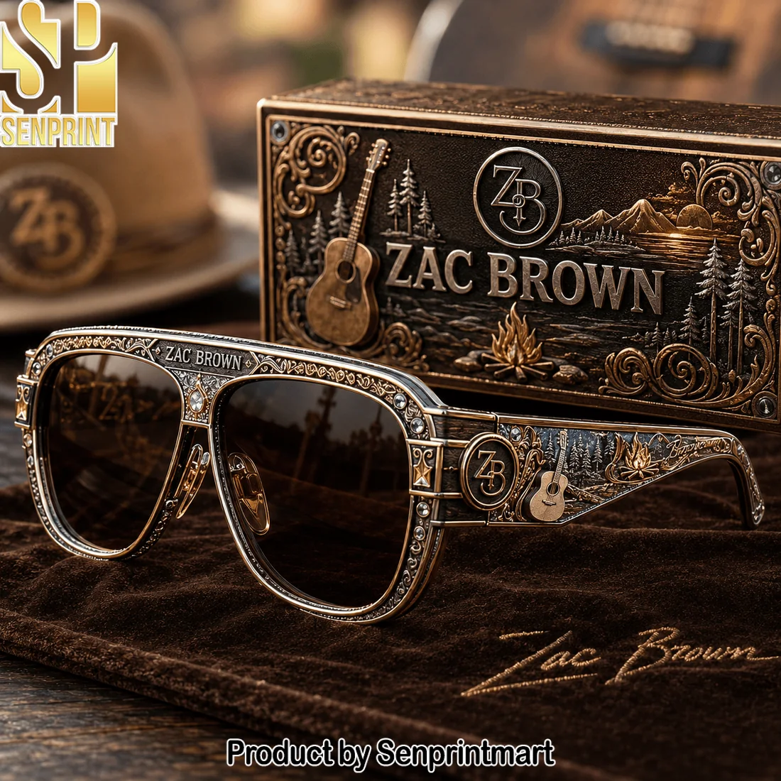 Zac Brown Band ZBB Premium Engraved Gold Country Music Unisex Aviator Sunglasses