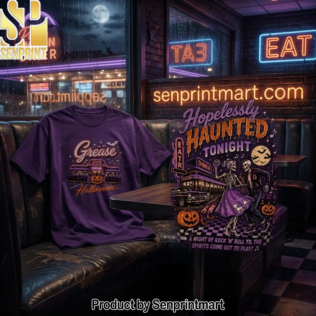 Hopelessly Haunted Tonight Retro Grease Diner Skeleton Rock n Roll Halloween Purple Graphic T-Shirt